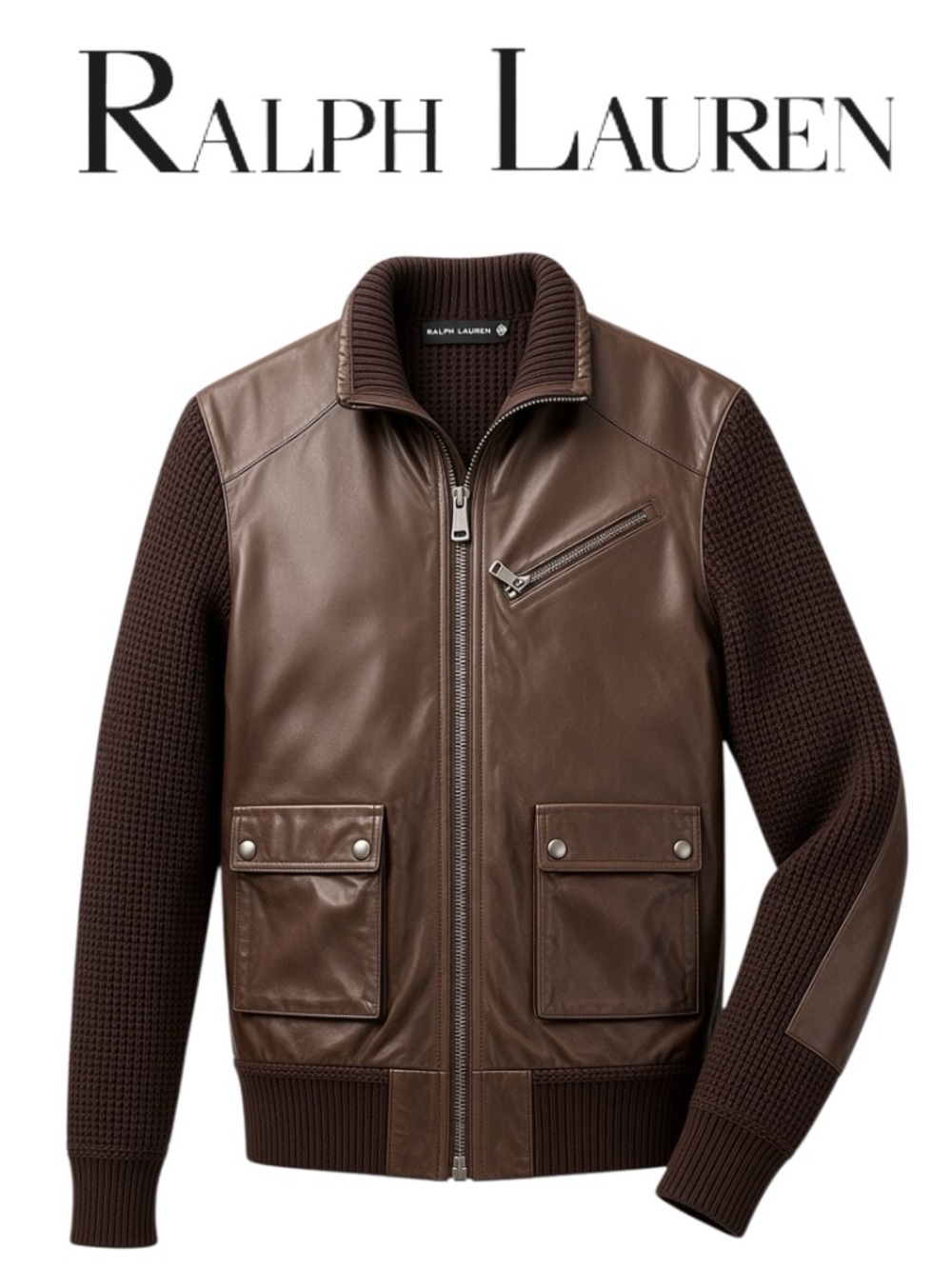 RARE Ralph Lauren Black Label Lambskin Leather & Waffle Knit Bomber Jacket S